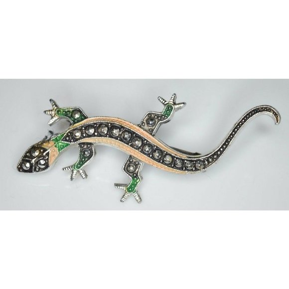 Western Germany Jewelry - VTG WESTERN GERMANY Silver Tone Peach Green Enamel Marcasite Lizard Pin Brooch